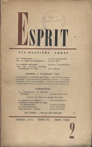 Revue Esprit. 1951, numéro 2. Charles Baudelaire, Georges Blin, Vsevolod Vichnewsky Février 1951.