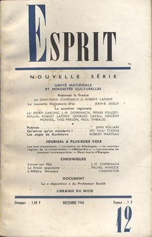 Revue Esprit. 1968, numéro 12. Unité nationale et minorités culturelles. Décembre 1968.