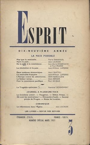 Revue Esprit. 1951, numéro 3. Numéro spécial : La paix possible Mars 1951.