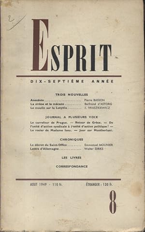 Revue Esprit. 1949, numéro 8. Trois nouvelles : Pierre Basson, Bertrand d'Astorg, J. Iwaszkiewicz...
