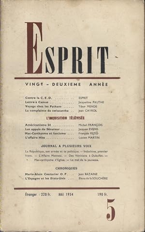 Revue Esprit. 1954, numéro 5. Lettre à Camus, Tibor Mende, Jean Cayrol, L'inquisition télévisée ...