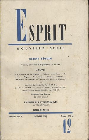 Revue Esprit. 1958, numéro 12. Numéro entièrement consacré à Albert Béguin, ancien directeur de l...