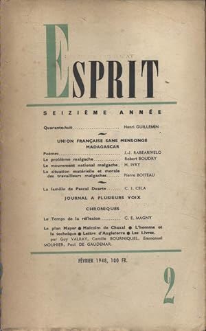 Revue Esprit. 1948, numéro 2. Henri Guillemin sur 1848, 4 articles sur Madagascar et l'Union fran...