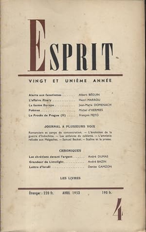 Revue Esprit. 1953, numéro 4. Jean-Marie Domenach, Henri Marrou, Albert Béguin, François Fejtö A...