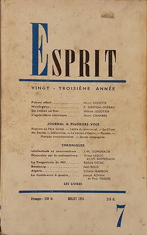 Revue Esprit. 1955, numéro 7. Henri Pichette, Sur Hemingway, Hélèle Legotien, Henri Chambre Juil...