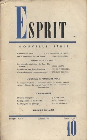 Revue Esprit. 1964, numéro 10. Chombart de Lauwe, Lewis Mumford, Jean l'Hote, Vincent Monteil, Ja...