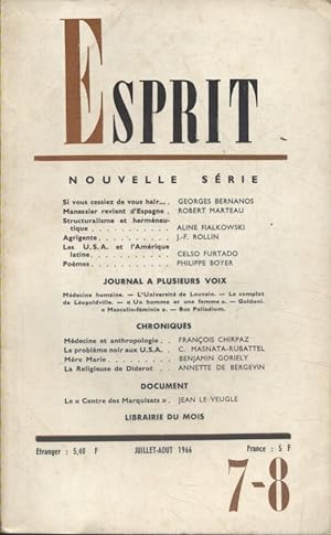Revue Esprit. 1966, numéro 7/8. Georges Bernanos, Robert Marteau, Aline Fialkowski, J.-F. Rollin,...