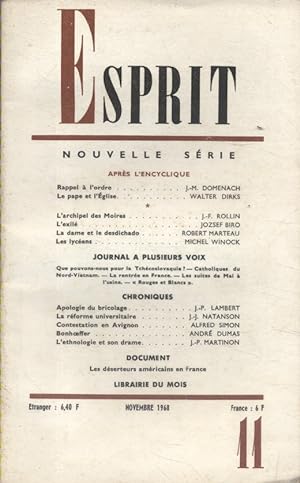 Revue Esprit. 1968, numéro 11. Après l'encyclique (J.-M. Domenach, Walter Dirks). J.-F. Rollin, J...
