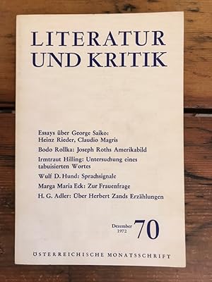 Literatur und Kritik Heft 70 (Dezember 1972) - Österreichische Monatsschrift - Inhalt: Essays übe...