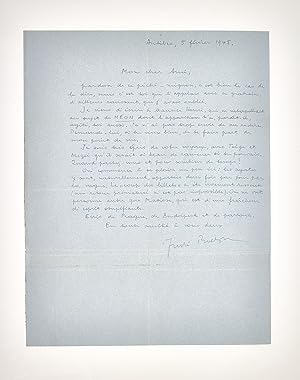 Lettre autographe signée inédite adressée à Marcel Jean et son enveloppe présentant un quatrain a...