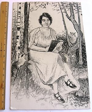 LARGE ORIGINAL PENCIL SKETCH OF GENE STRATTON-PORTER SURROUNDED BY NATURE