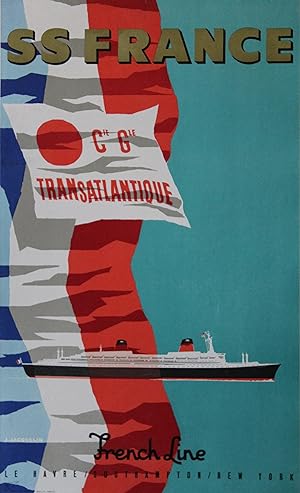 "SS FRANCE / Cie Gle TRANSATLANTIQUE" Affiche originale entoilée / Litho par J. JACQUELIN / Publi...