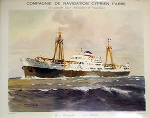 "Cie NAVIGATION CYPRIEN FABRE" Plaque métallisée originale PAQUEBOT M/S JOLIETTE années 50 / Lith...