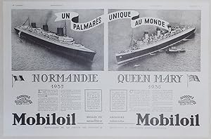 "PAQUEBOT NORMANDIE 1935 / PAQUEBOT QUEEN MARY 1936 (MOBILOIL)" Annonce originale entoilée parue ...