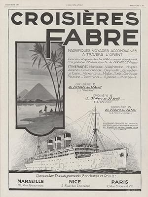 "CROISIÈRES FABRE" Annonce originale entoilée parue dans L'ILLUSTRATION du 18/02/1928 (PAQUEBOT P...