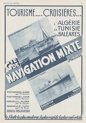 "Cie de NAVIGATION MIXTE "Annonce originale entoilée MIROIR DU MONDE (années 30) / PAQUEBOT EL DJ...