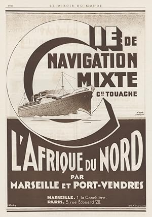 "Cie de NAVIGATION MIXTE "Annonce originale entoilée MIROIR DU MONDE (années 30) PAQUEBOT EL MANSOUR