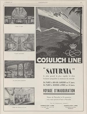 "COSULICH LINE / PAQUEBOT SATURNIA" Annonce originale entoilée parue dans L'ILLUSTRATION du 09/07...