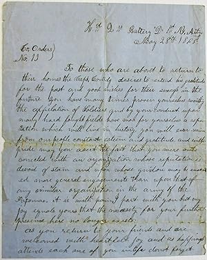 MANUSCRIPT FAREWELL ORDER TO HIS TROOPS, SIGNED BY JAMES B. HAZELTON, COMMANDER OF BATTERY D, 1ST...
