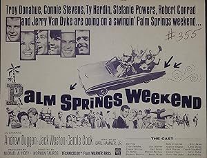 Palm Springs Weekend Synopsis Sheet 1964 Troy Donahue, Connie Stevens