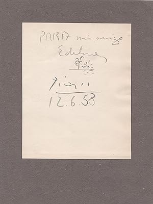 PICASSO, PABLO. ORIGINAL Drawing with Autograph Note Signed