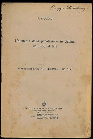 L'aumento della popolazione in Sabina dal 1656 al 1911. Estratto dalla rivista "La Geografia" 192...