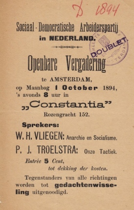 Openbare vergadering te Amsterdam op Maandag 1 October 1894 in Constantia, Rozengracht 152. (Orig...