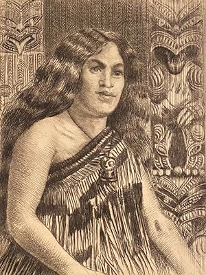 Maori woman in front of carving