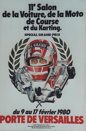 "11e SALON VOITURE, MOTO de COURSE, KARTING 1980" Affiche originale entoilée / Offset par E. JOLY...