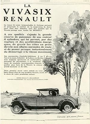 "RENAULT VIVASIX" Annonce originale entoilée L'ILLUSTRATION 12/5/1928