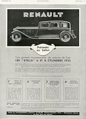 "RENAULT STELLA" Annonce originale entoilée L'ILLUSTRATION 8/10/1932