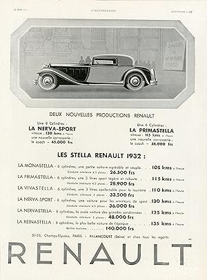 "RENAULT STELLA" Annonce originale entoilée L'ILLUSTRATION 14/5/1932
