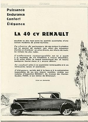 "RENAULT 40 cv" Annonce originale entoilée L'ILLUSTRATION 28/4/1928