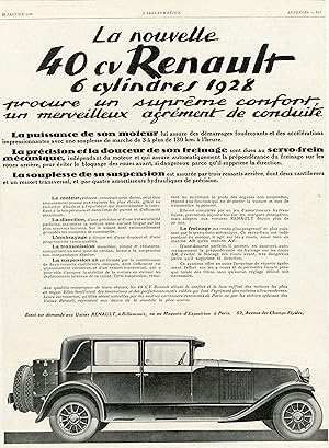 "RENAULT 40 cv" Annonce originale entoilée L'ILLUSTRATION 28/1/1928