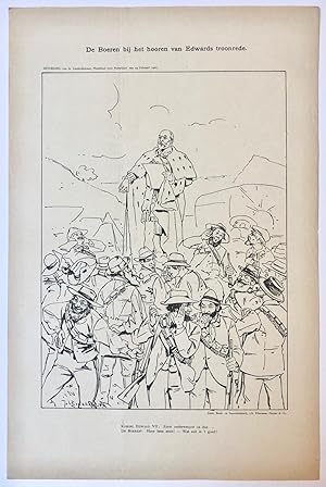[Original lithograph/lithografie by Johan Braakensiek] De Boeren bij het hooren van Edwards troon...