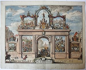 [Antique print, hand colored etching, The Hague, 1691] Eerepoort op de Markt / Arc de Triomphe su...