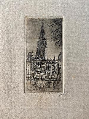 [Modern print; etching] View of canal in The Hague with in the back the tower of the Grote Kerk (...