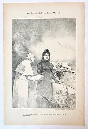 [Original lithograph/lithografie by Johan Braakensiek] Aan het doodsbed van Koning Umberto, 5 Aug...