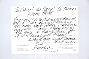 Carte postale autographe signée adressée à Juan Luis Buñuel ; "La paix ! la paix ! la paix !"
