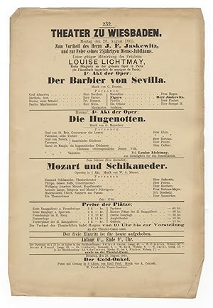 Broadside playbill for a performance in Wiesbaden at the Teater zu Wiesbaden on 28 August 1865 fe...