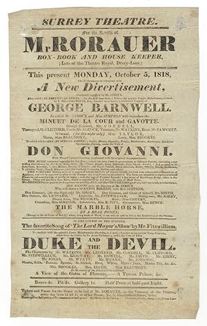 Broadside playbill for a benefit concert at Surrey Theatre on 5 October 1818 featuring a parody o...