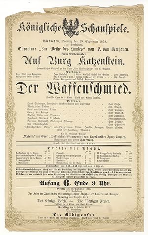 Broadside playbill for a performance in Wiesbaden at the Königliche Schauspiele on 29 September 1...