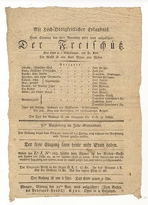 Broadside playbill for a performance of Der Freischütz in Germany on 24 November 1822