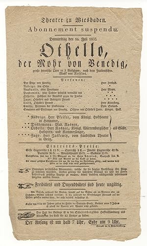 Broadside playbill for a performance of Rossini's opera Othello at the Teater zu Wiesbaden on 16 ...