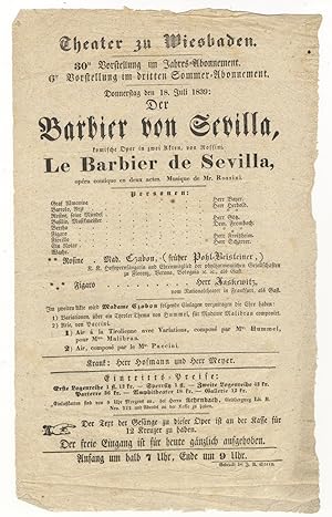 Broadside playbill for a performance of Rossini's opera Der Barbier von Sevilla at the Teater zu ...