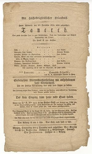 Broadside playbill for a performance of Tancredi in Germany on 8 December 1824