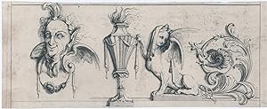 A study of whimsical architectural elements, including a Satyr's head, a Torch, a Winged Sphinx, ...