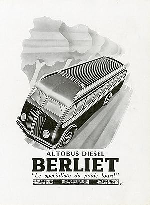 "AUTOBUS DIESEL BERLIET" Annonce originale entoilée FRANCE ILLUSTRATION 1948