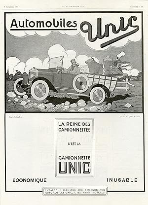 "CAMIONNETTE UNIC" Annonce originale entoilée illustrée d'après F. COUDERC et parue dans L'ILLUST...