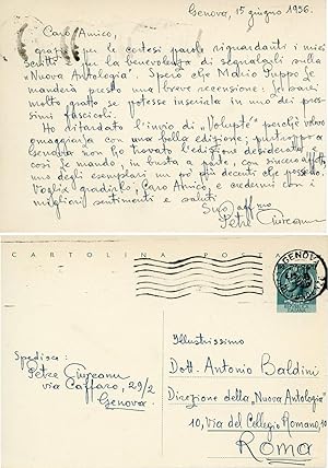 Lettera autografa su cartolina postale a Antonio Baldini, 1956